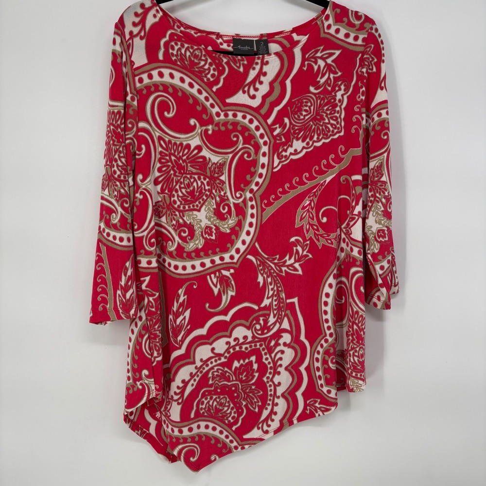 Travelers by Chico's Red Paisley 3/4 Sleeve Asymmetrical Sharkbite Tunic Top 2